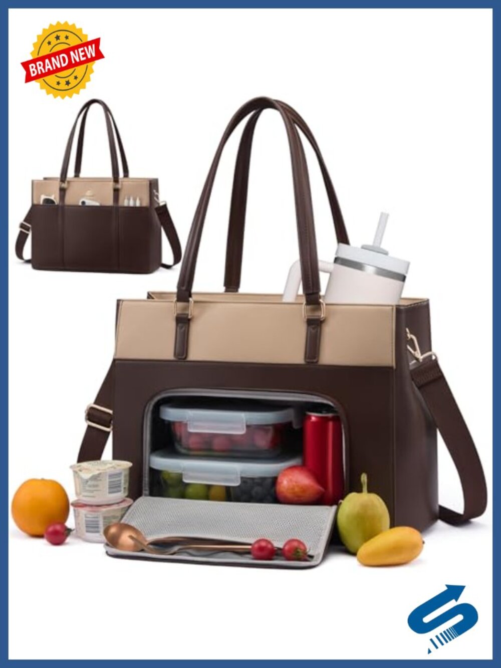 Insulated Lunch Tote Bag 15.6 in Laptop Compartment PU Leather Work Bag